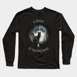 Cute black cat with full moon and witch for Halloween season Long Sleeve T-Shirt